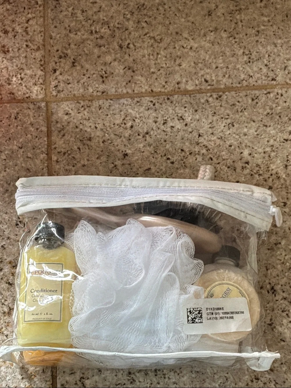 Clear White Bath Kit with Conditioner, Soap, Hairbrush, Pouf